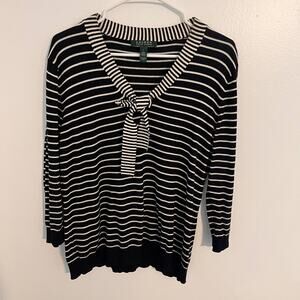 Lauren Ralph Lauren Striped Pullover Womens Size Large Black White 3/4 Sleeves